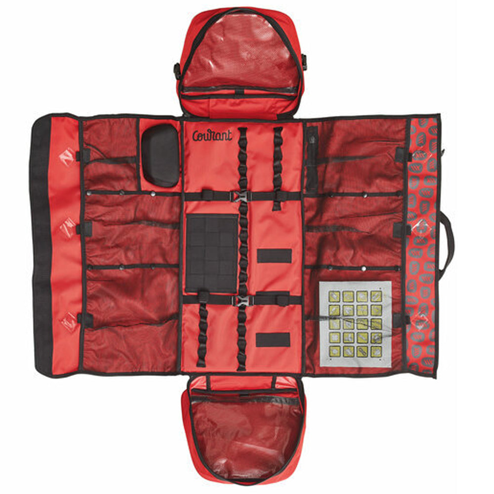 Courant Gear bag that opens fully flat so you can see every bit of kit at once. Adjustable mesh compartments, padded back and straps. 54L rescue red open