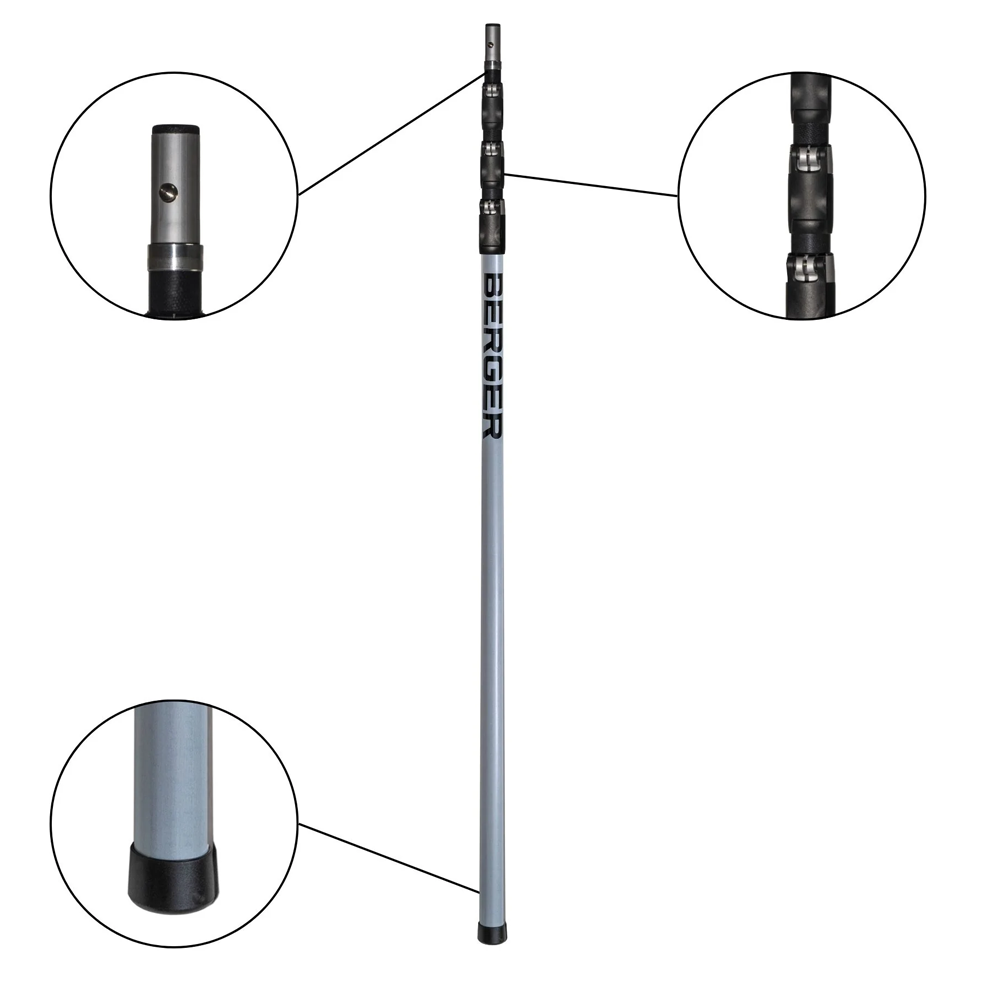 A long gray telescopic pole with black end caps and a vertical black BERGER logo, shown on a white background with three circular detail callouts highlighting the connector, joint, and base.