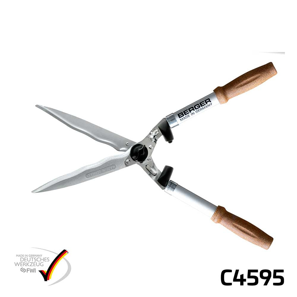 Now in Australia through Cannings: Berger German-made hedge shears with cork handles. 61cm long with 24cm wavy forged blades, shock absorbers, and sap grooves for clean, precise trimming. 2