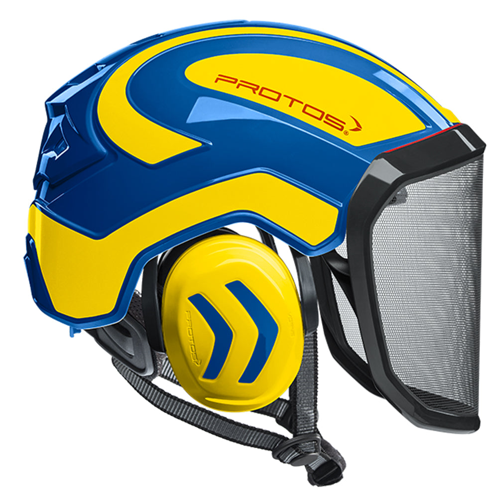 The PROTOS Integral Arborist Helmet combines integrated hearing, face, and head protection in a single professional climbing helmet. Available from Cannings, specialists in arborist, landscaping and gardening equipment. Blue-Yellow