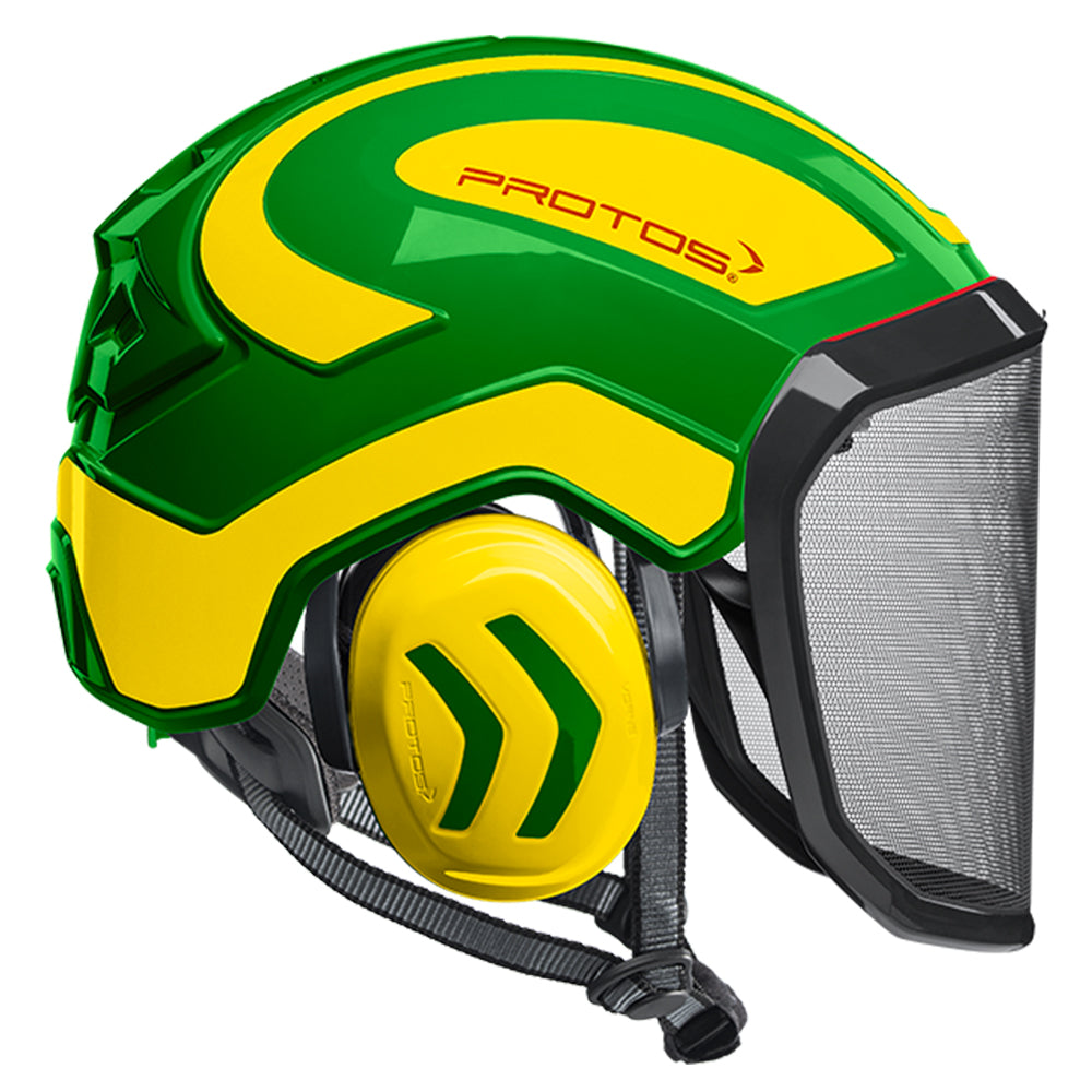 The PROTOS Integral Arborist Helmet combines integrated hearing, face, and head protection in a single professional climbing helmet. Available from Cannings, specialists in arborist, landscaping and gardening equipment. Green-Yellow