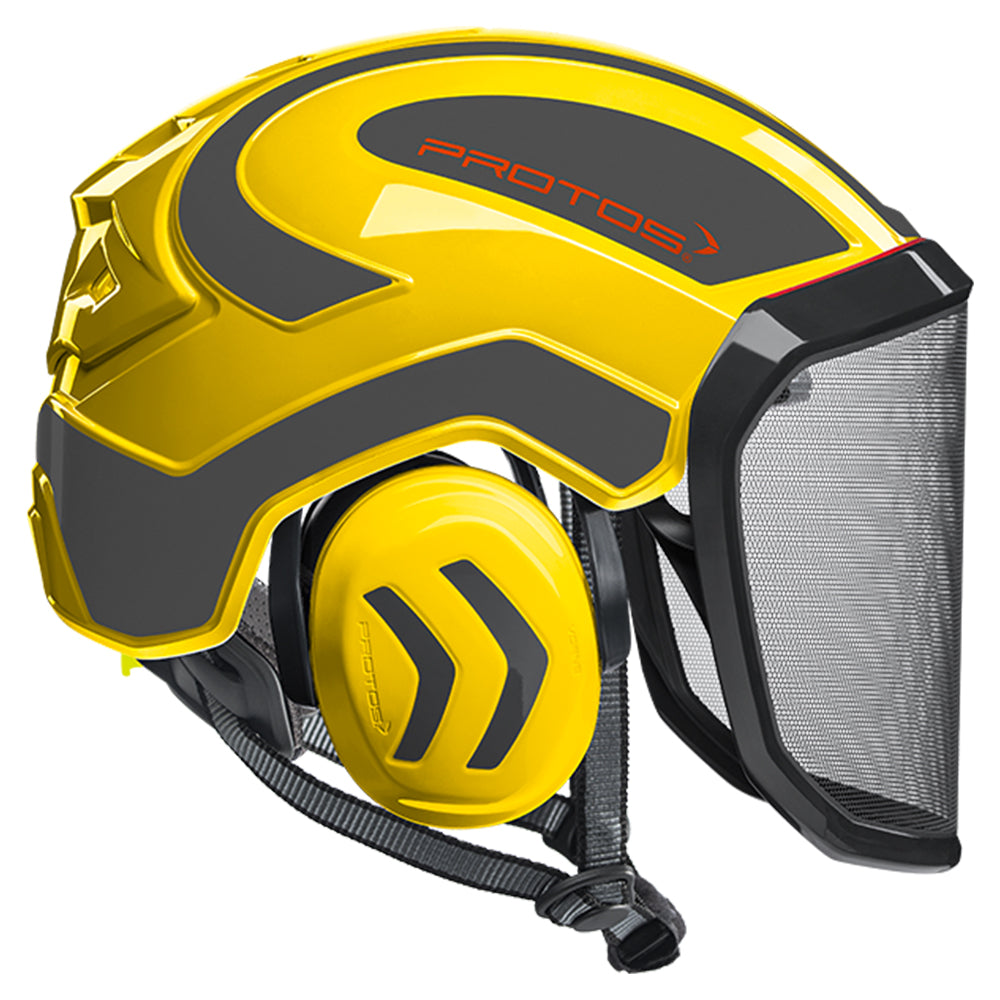 The PROTOS Integral Arborist Helmet combines integrated hearing, face, and head protection in a single professional climbing helmet. Available from Cannings, specialists in arborist, landscaping and gardening equipment. Yellow-Grey