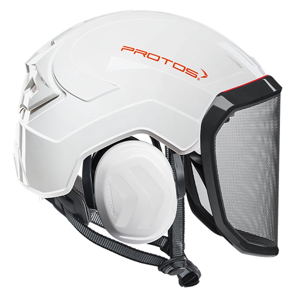 The PROTOS Integral Arborist Helmet combines integrated hearing, face, and head protection in a single professional climbing helmet. Available from Cannings, specialists in arborist, landscaping and gardening equipment. White